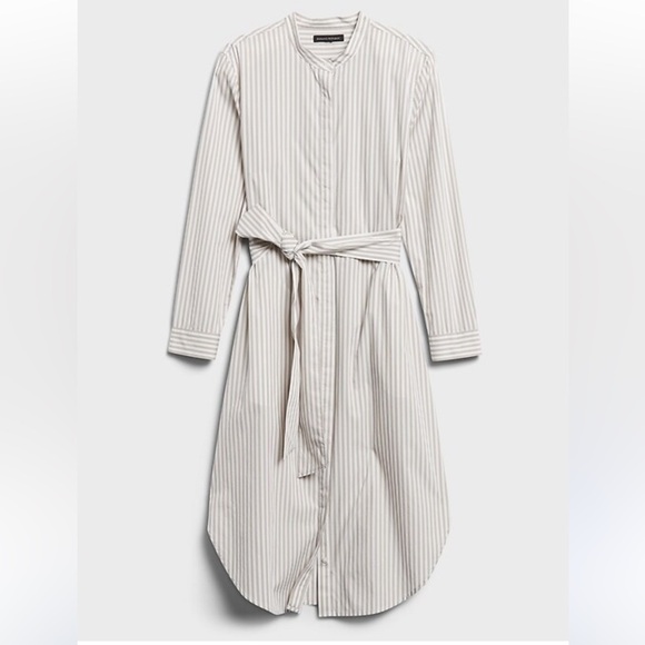 Banana Republic Organic Cotton Poplin Stripe Tie-Waist Midi Shirtdress White Tan - Picture 2 of 11